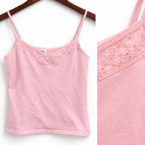 Old Navy Vintage Y2K Pink Cotton Lace Trim Baby Cami Tank Top Size Small